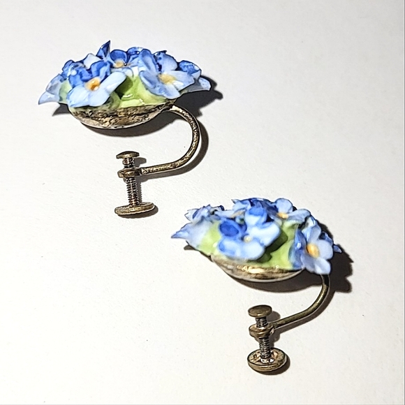 DENTON ENGLAND BLUE FORGET-ME-NOT CHINA BROOCH & EARRINGS SET - Picture 4 of 10